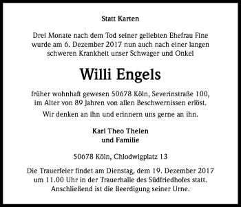 Anzeige von Willi Engels von Kölner Stadt-Anzeiger / Kölnische Rundschau / Express