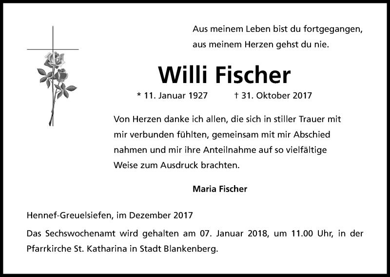  Traueranzeige für Willi Fischer vom 09.12.2017 aus Kölner Stadt-Anzeiger / Kölnische Rundschau / Express