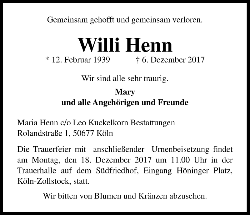  Traueranzeige für Willi Henn vom 09.12.2017 aus Kölner Stadt-Anzeiger / Kölnische Rundschau / Express