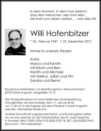 Anzeige von Willi Hofenbitzer von Kölner Stadt-Anzeiger / Kölnische Rundschau / Express