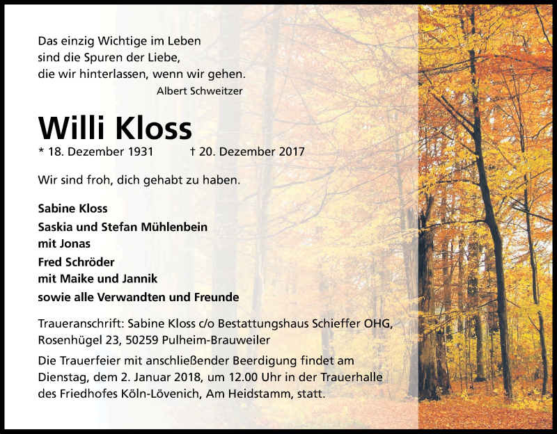  Traueranzeige für Willi Kloss vom 28.12.2017 aus Kölner Stadt-Anzeiger / Kölnische Rundschau / Express