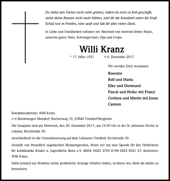 Anzeige von Willi Kranz von Kölner Stadt-Anzeiger / Kölnische Rundschau / Express