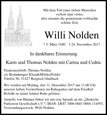 Anzeige von Willi Nolden von Kölner Stadt-Anzeiger / Kölnische Rundschau / Express