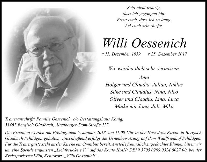  Traueranzeige für Willi Oessenich vom 30.12.2017 aus Kölner Stadt-Anzeiger / Kölnische Rundschau / Express