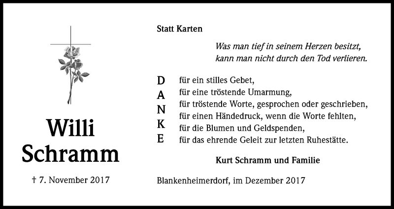  Traueranzeige für Willi Schramm vom 06.12.2017 aus Kölner Stadt-Anzeiger / Kölnische Rundschau / Express