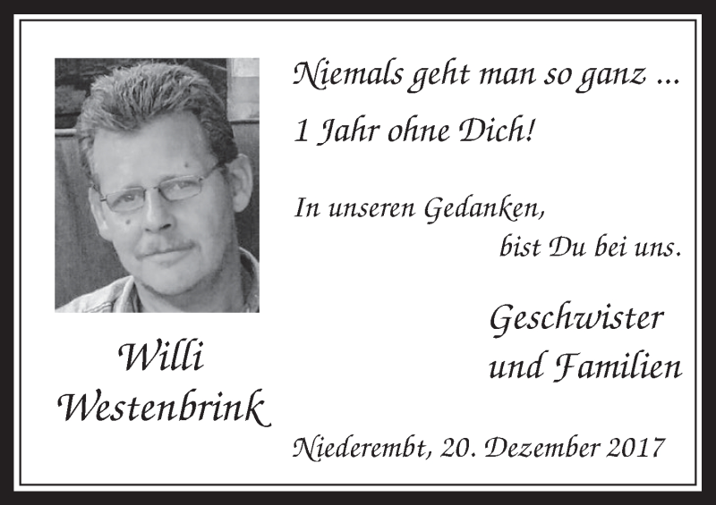  Traueranzeige für Willi Westenbrink vom 20.12.2017 aus  Werbepost 