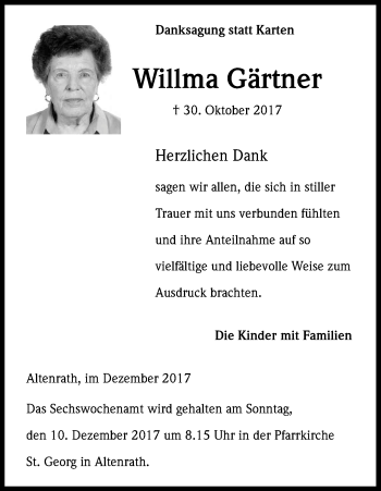Anzeige von Willma Gärtner von Kölner Stadt-Anzeiger / Kölnische Rundschau / Express