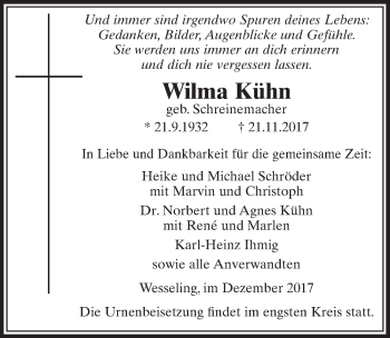 Anzeige von Wilma Kühn von  Schlossbote/Werbekurier 