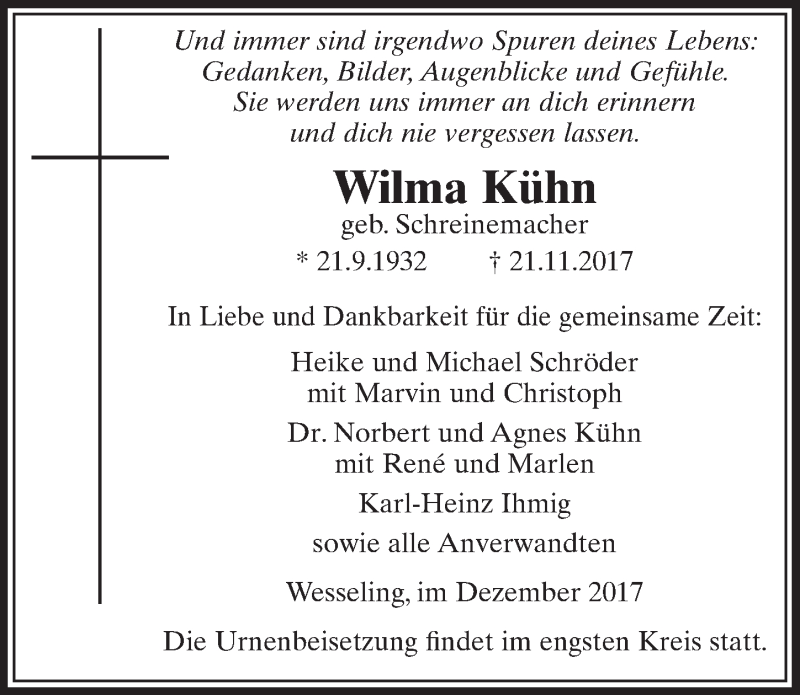  Traueranzeige für Wilma Kühn vom 06.12.2017 aus  Schlossbote/Werbekurier 