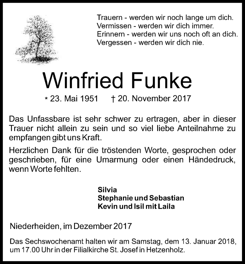  Traueranzeige für Winfried Funke vom 30.12.2017 aus Kölner Stadt-Anzeiger / Kölnische Rundschau / Express