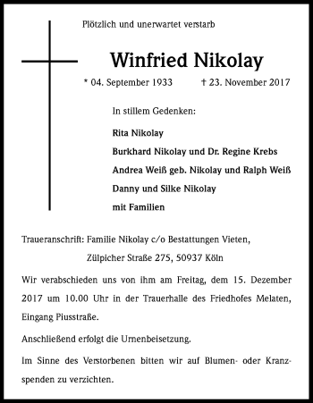 Anzeige von Winfried Nikolay von Kölner Stadt-Anzeiger / Kölnische Rundschau / Express