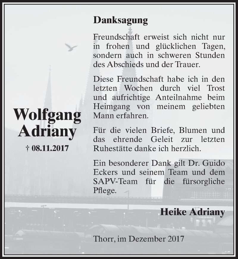  Traueranzeige für Wolfgang Adriany vom 23.12.2017 aus  Sonntags-Post 