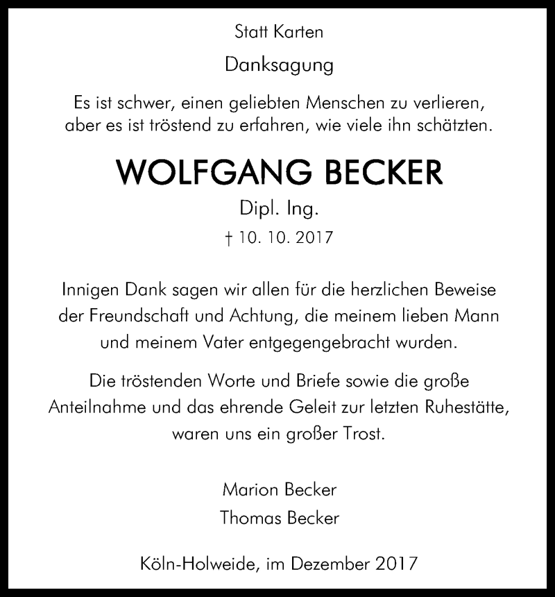  Traueranzeige für Wolfgang Becker vom 02.12.2017 aus Kölner Stadt-Anzeiger / Kölnische Rundschau / Express