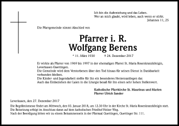 Anzeige von Wolfgang Berens von Kölner Stadt-Anzeiger / Kölnische Rundschau / Express