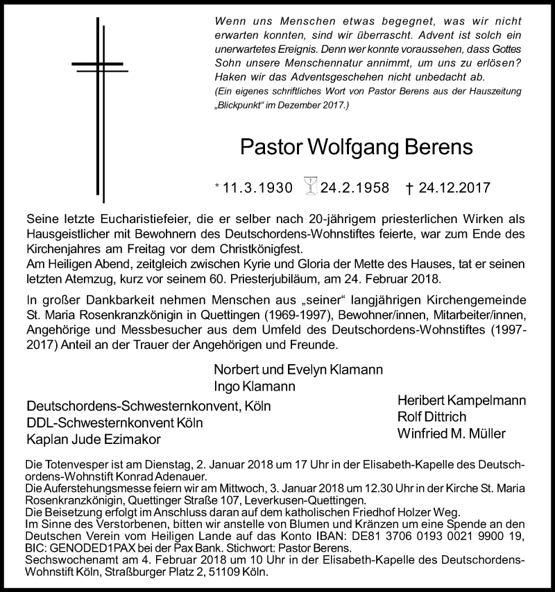  Traueranzeige für Wolfgang Berens vom 30.12.2017 aus Kölner Stadt-Anzeiger / Kölnische Rundschau / Express