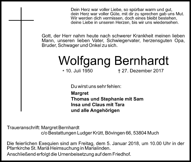  Traueranzeige für Wolfgang Bernhardt vom 30.12.2017 aus Kölner Stadt-Anzeiger / Kölnische Rundschau / Express