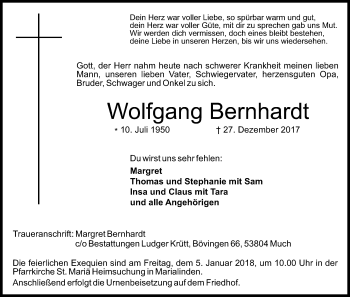 Anzeige von Wolfgang Bernhardt von Kölner Stadt-Anzeiger / Kölnische Rundschau / Express