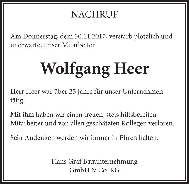  Traueranzeige für Wolfgang Heer vom 06.12.2017 aus  Schlossbote/Werbekurier 