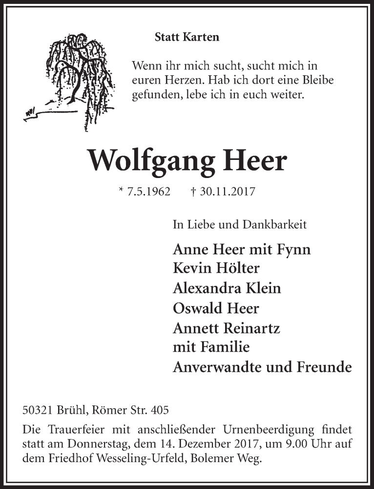  Traueranzeige für Wolfgang Heer vom 13.12.2017 aus  Schlossbote/Werbekurier 