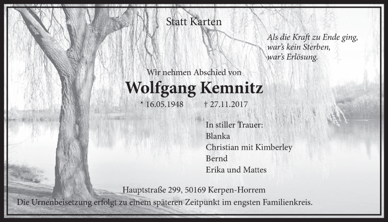 Traueranzeige für Wolfgang Kemnitz vom 02.12.2017 aus  Sonntags-Post 
