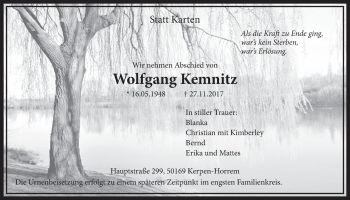 Anzeige von Wolfgang Kemnitz von  Sonntags-Post 