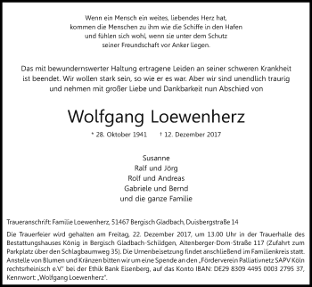 Anzeige von Wolfgang Loewenherz von Kölner Stadt-Anzeiger / Kölnische Rundschau / Express