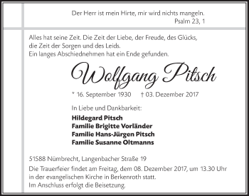 Anzeige von Wolfgang Pitsch von  Lokalanzeiger 