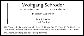 Anzeige von Wolfgang Schröder von Kölner Stadt-Anzeiger / Kölnische Rundschau / Express