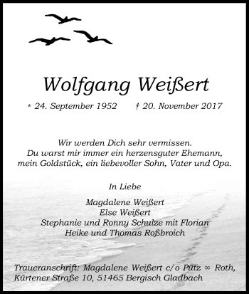 Anzeige von Wolfgang Weißert von Kölner Stadt-Anzeiger / Kölnische Rundschau / Express