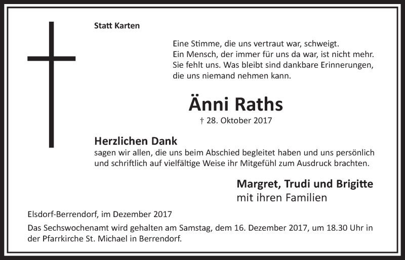 Traueranzeige für Änni Raths vom 09.12.2017 aus  Sonntags-Post 