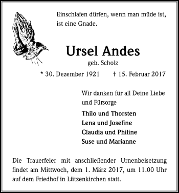 Anzeige von Ursel Andes von Kölner Stadt-Anzeiger / Kölnische Rundschau / Express
