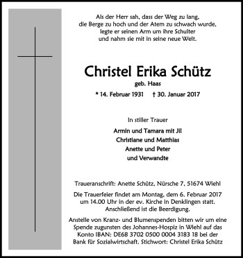 Anzeige von Christel Erika Schütz von Kölner Stadt-Anzeiger / Kölnische Rundschau / Express