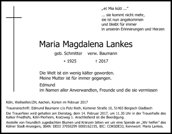 Anzeige von Maria Magdalena Lankes von Kölner Stadt-Anzeiger / Kölnische Rundschau / Express