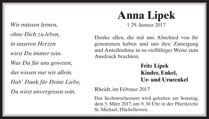  Traueranzeige für Anna Lipek vom 22.02.2017 aus  Werbepost 