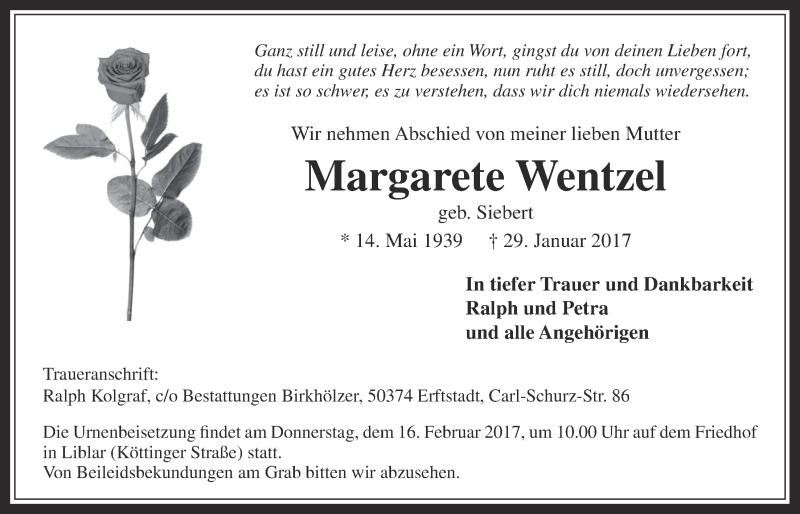  Traueranzeige für Margarete Wentzel vom 08.02.2017 aus  Werbepost 