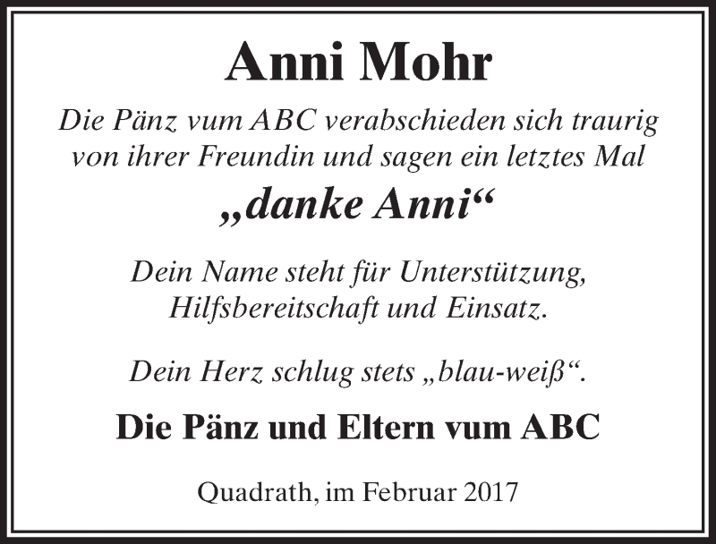  Traueranzeige für Anni Mohr vom 18.02.2017 aus  Sonntags-Post 