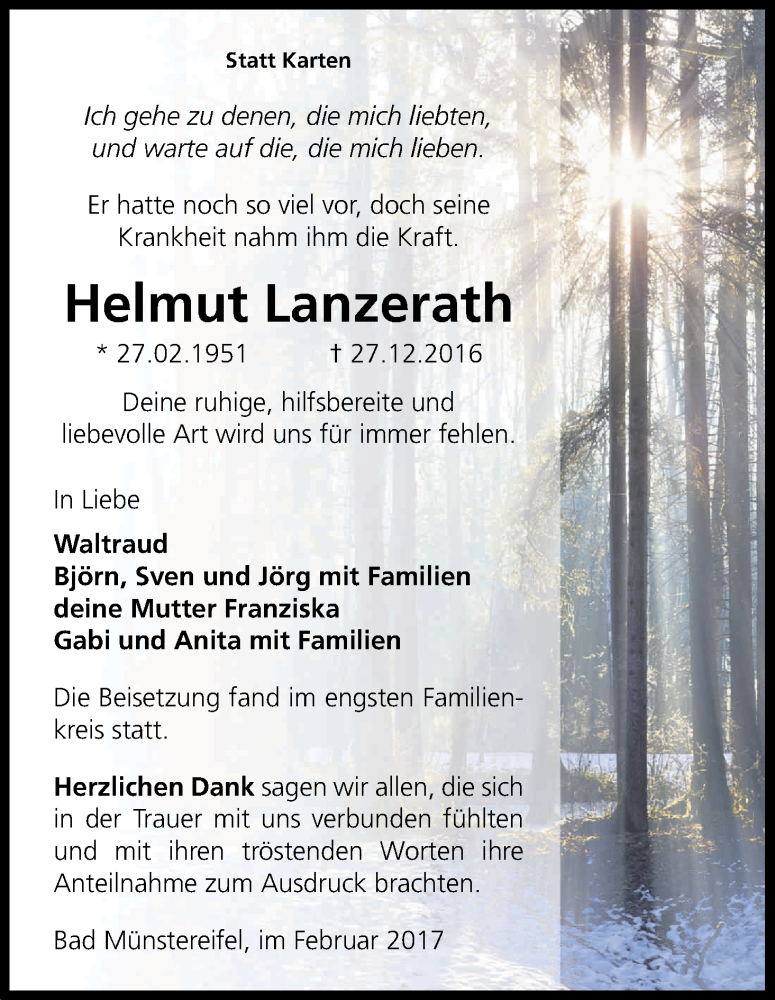  Traueranzeige für Helmut Lanzerath vom 04.02.2017 aus Kölner Stadt-Anzeiger / Kölnische Rundschau / Express