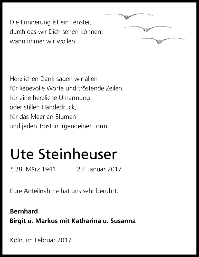  Traueranzeige für Ute Steinheuser vom 18.02.2017 aus Kölner Stadt-Anzeiger / Kölnische Rundschau / Express