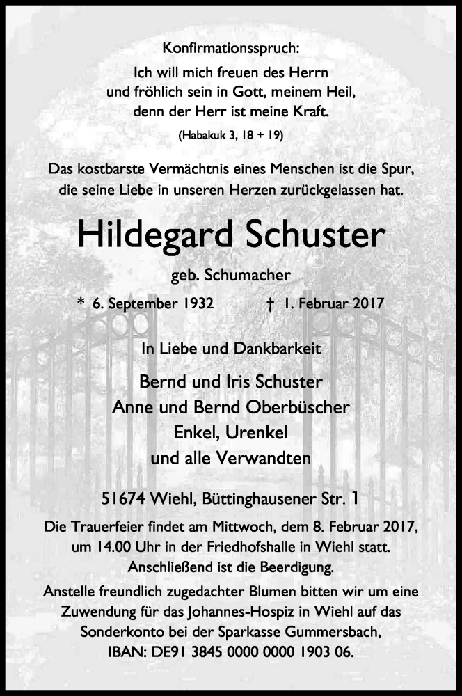  Traueranzeige für Hildegard Schuster vom 04.02.2017 aus Kölner Stadt-Anzeiger / Kölnische Rundschau / Express