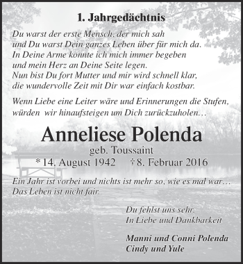 Anzeige von Anneliese Polenda von  Blickpunkt Euskirchen 