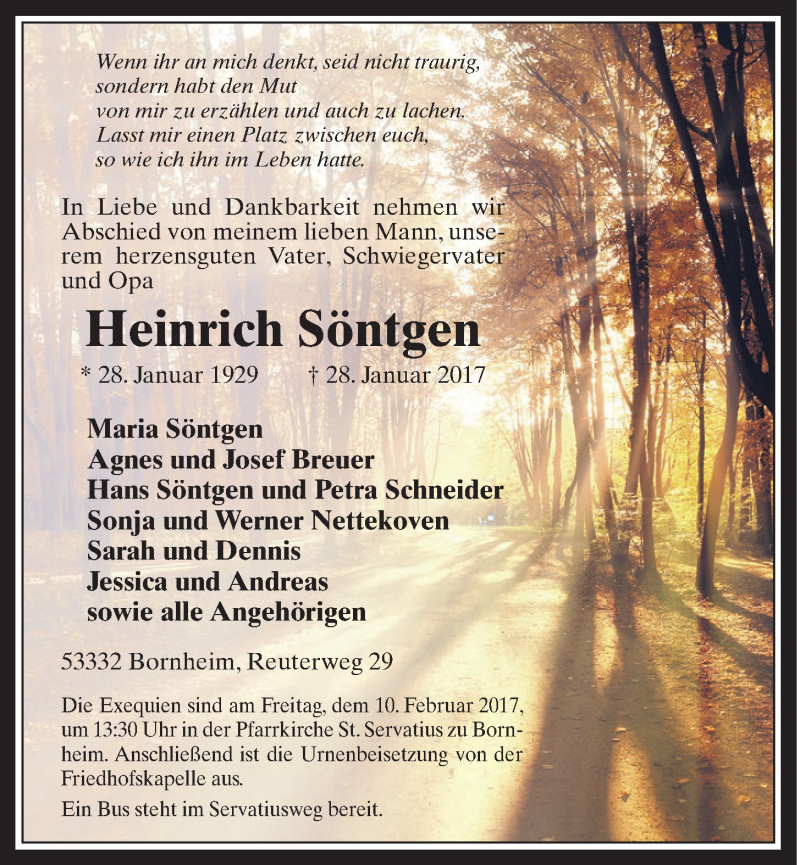  Traueranzeige für Heinrich Söntgen vom 08.02.2017 aus  Schaufenster/Blickpunkt 