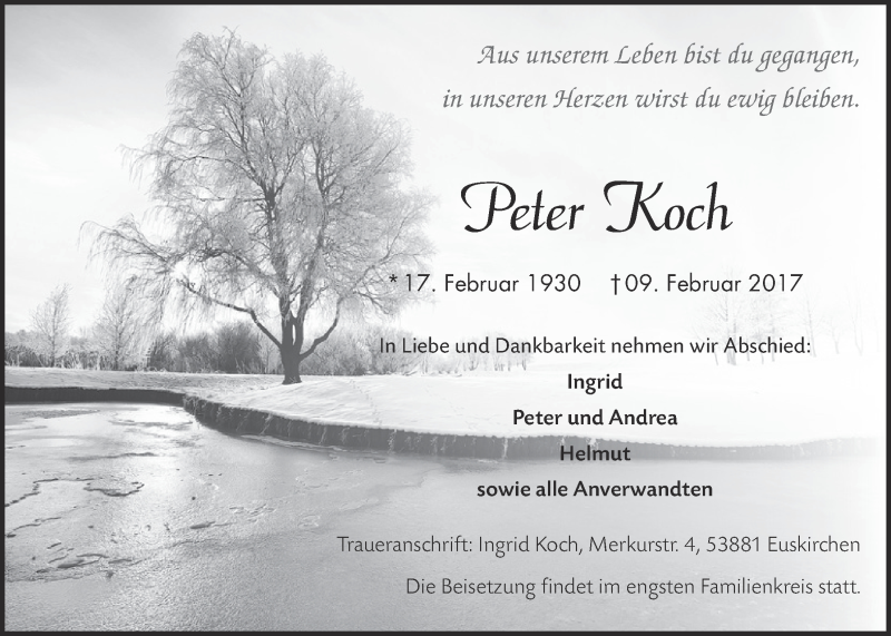  Traueranzeige für Peter Koch vom 18.02.2017 aus  Blickpunkt Euskirchen 