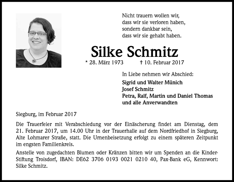  Traueranzeige für Silke Schmitz vom 17.02.2017 aus Kölner Stadt-Anzeiger / Kölnische Rundschau / Express
