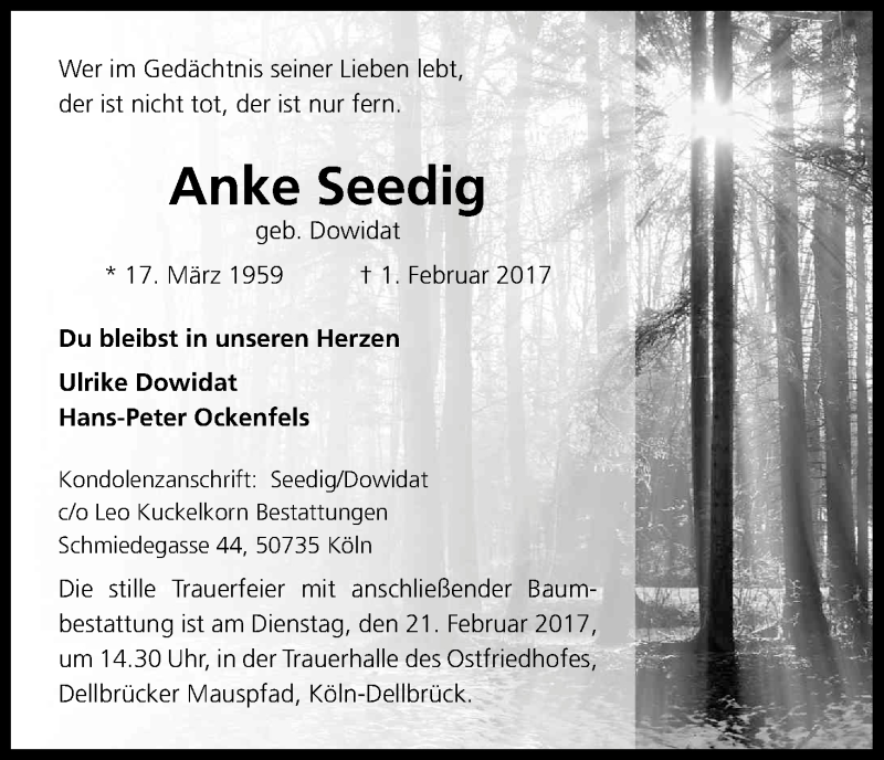  Traueranzeige für Anke Seedig vom 11.02.2017 aus Kölner Stadt-Anzeiger / Kölnische Rundschau / Express