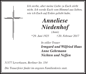 Anzeige von Anneliese Niedenhof von  Lokale Informationen 
