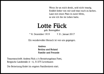 Anzeige von Lotte Fück von Kölner Stadt-Anzeiger / Kölnische Rundschau / Express