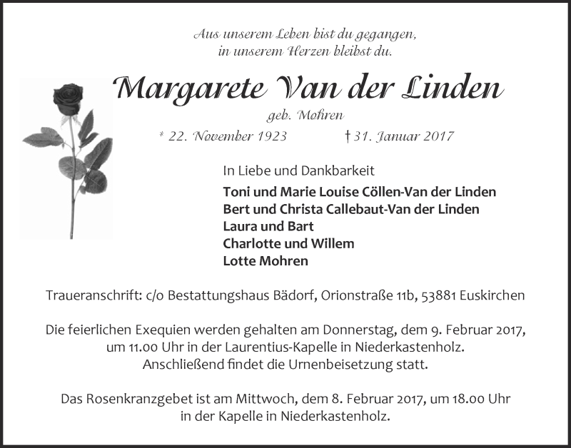  Traueranzeige für Margarete Van der Linden vom 04.02.2017 aus  Blickpunkt Euskirchen 