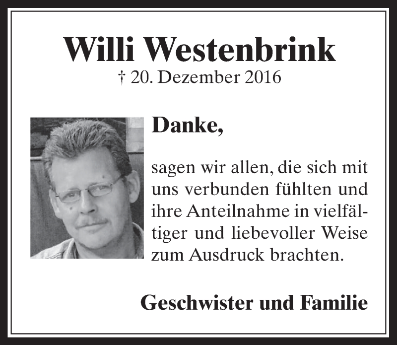  Traueranzeige für Willi Westenbrink vom 08.02.2017 aus  Werbepost 