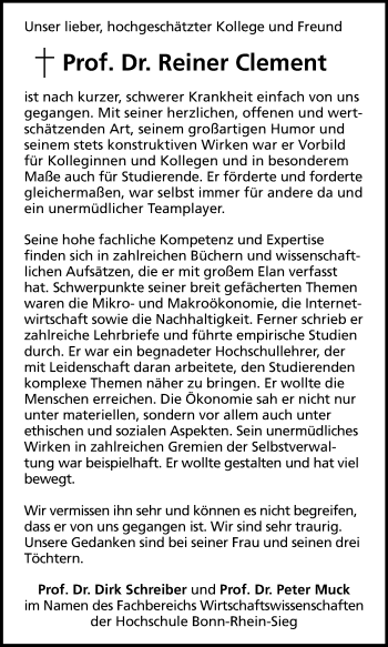 Anzeige von Reiner Clement von Kölner Stadt-Anzeiger / Kölnische Rundschau / Express