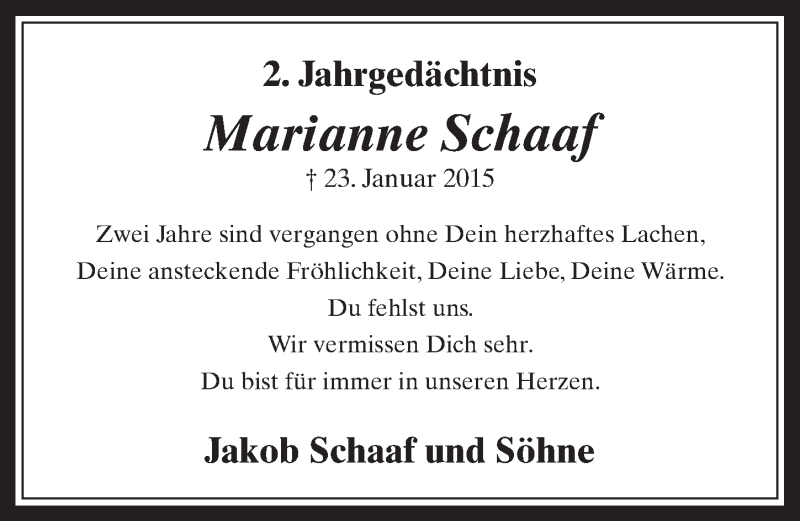  Traueranzeige für Marianne Schaaf vom 08.02.2017 aus  Werbepost 